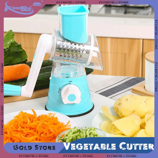 Rotary Drum Vegetable Slicer – 3-Blade Hand-Crank Cheese & Veggie Grater