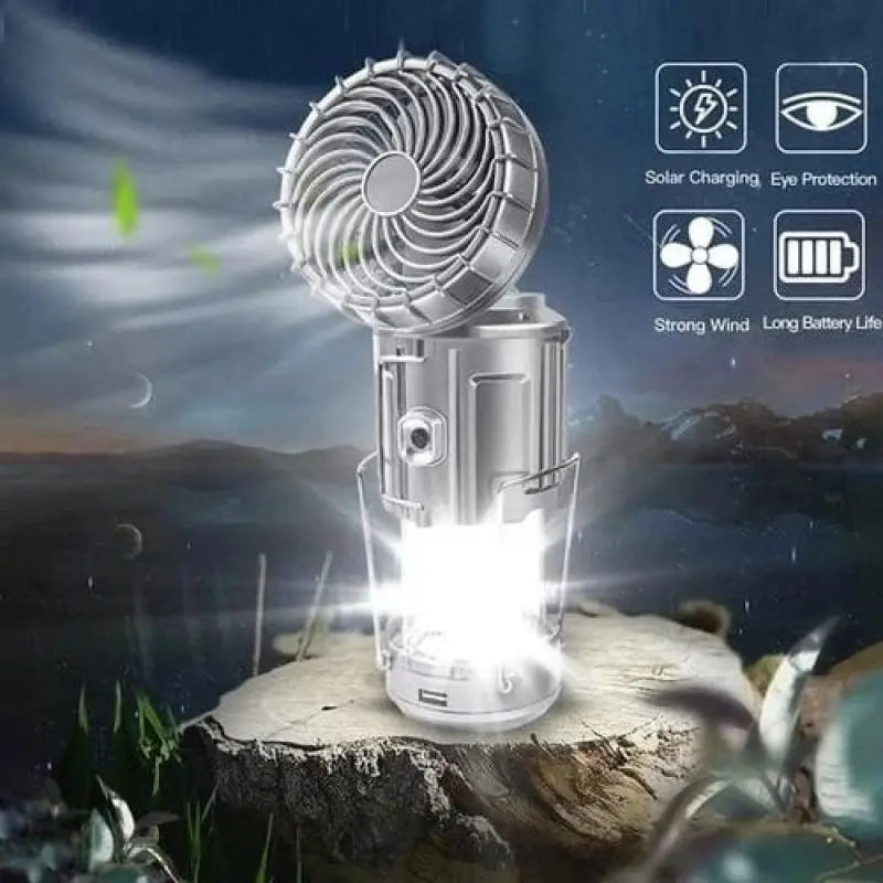Multifunctional Solar Charging Camping Lantern – LED Light, Fan & Power Bank